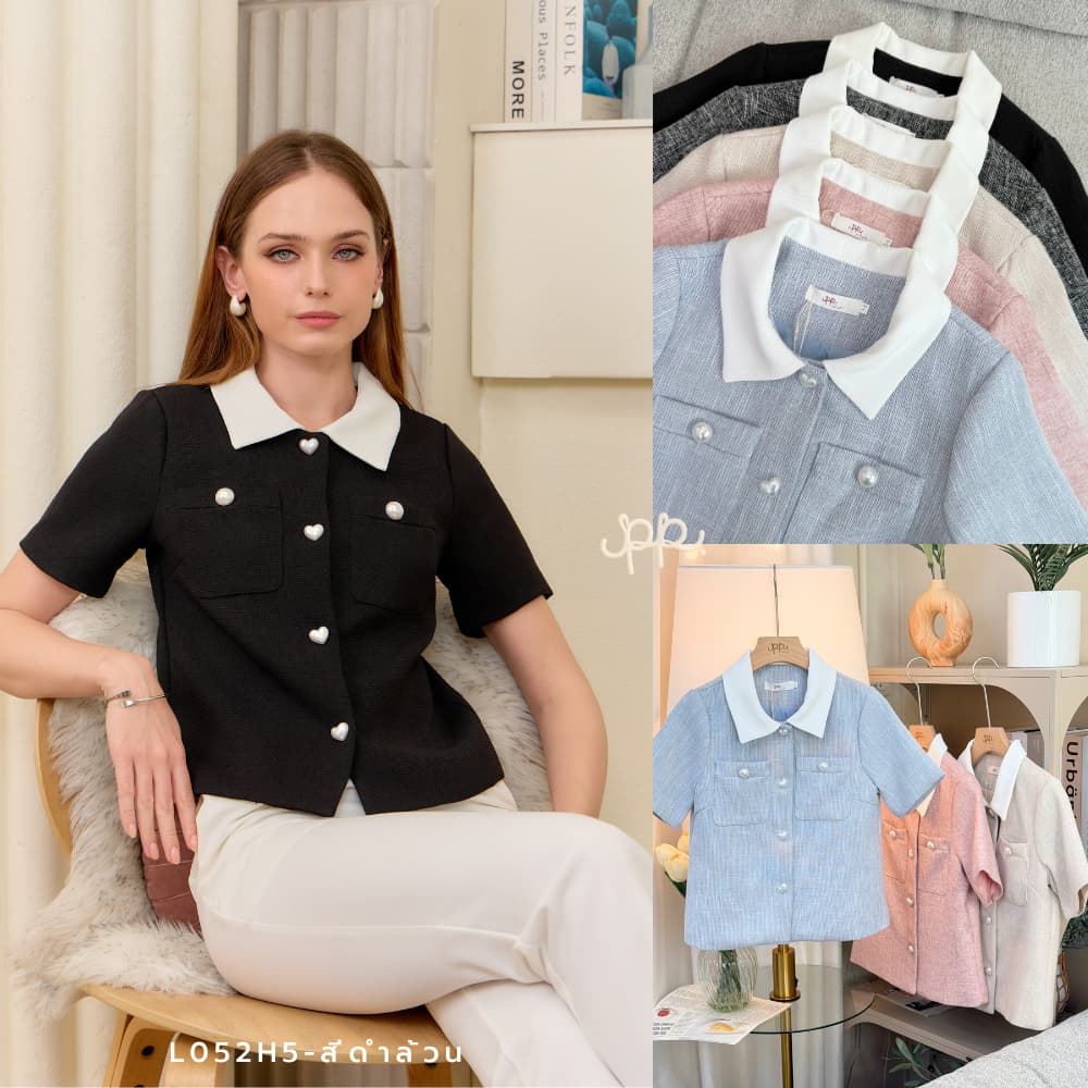 POI เสื้อคอปกแขนสั้นกระเป๋าหน้าคู่แต่งกระดุมมุก L052H5 รูปที่ 1
