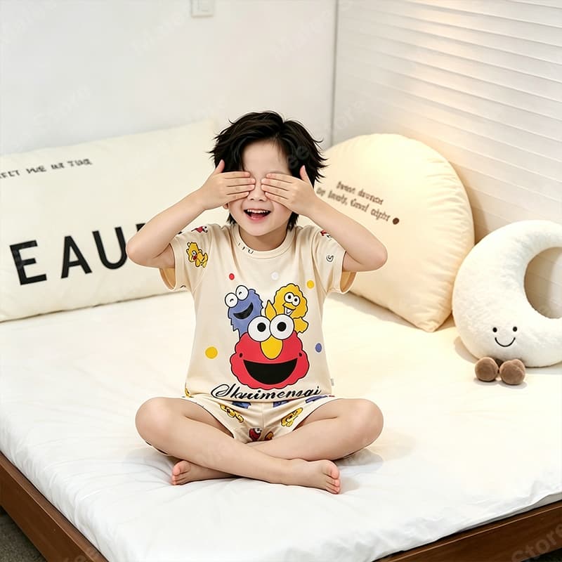 ชุดนอนเด็กชายหญิง ลายการ์ตูนน่ารัก แขนสั้นขาสั้น ผ้าใส่สบายเย็นฉ่ำ ระบายอากาศดี รูปที่ 2