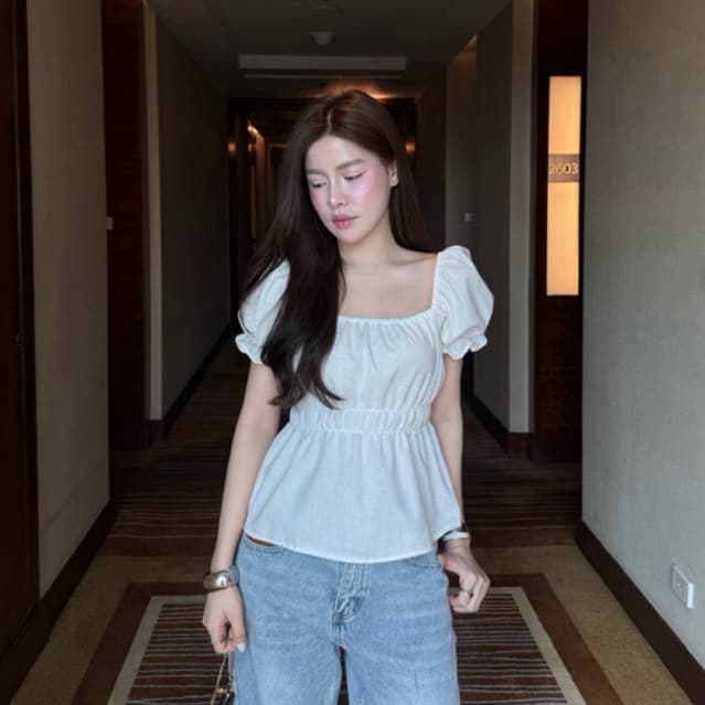 Bell top - เสื้อแขนตุ๊กตาคอเหลี่ยม ผ้าฝ้าย แขนตุ๊กตา คอเหลี่ยมกระชับใส่แล้วไม่โป๊ รูปที่ 1