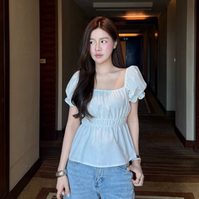 Bell top - เสื้อแขนตุ๊กตาคอเหลี่ยม ผ้าฝ้าย แขนตุ๊กตา คอเหลี่ยมกระชับใส่แล้วไม่โป๊ รูปที่ 4