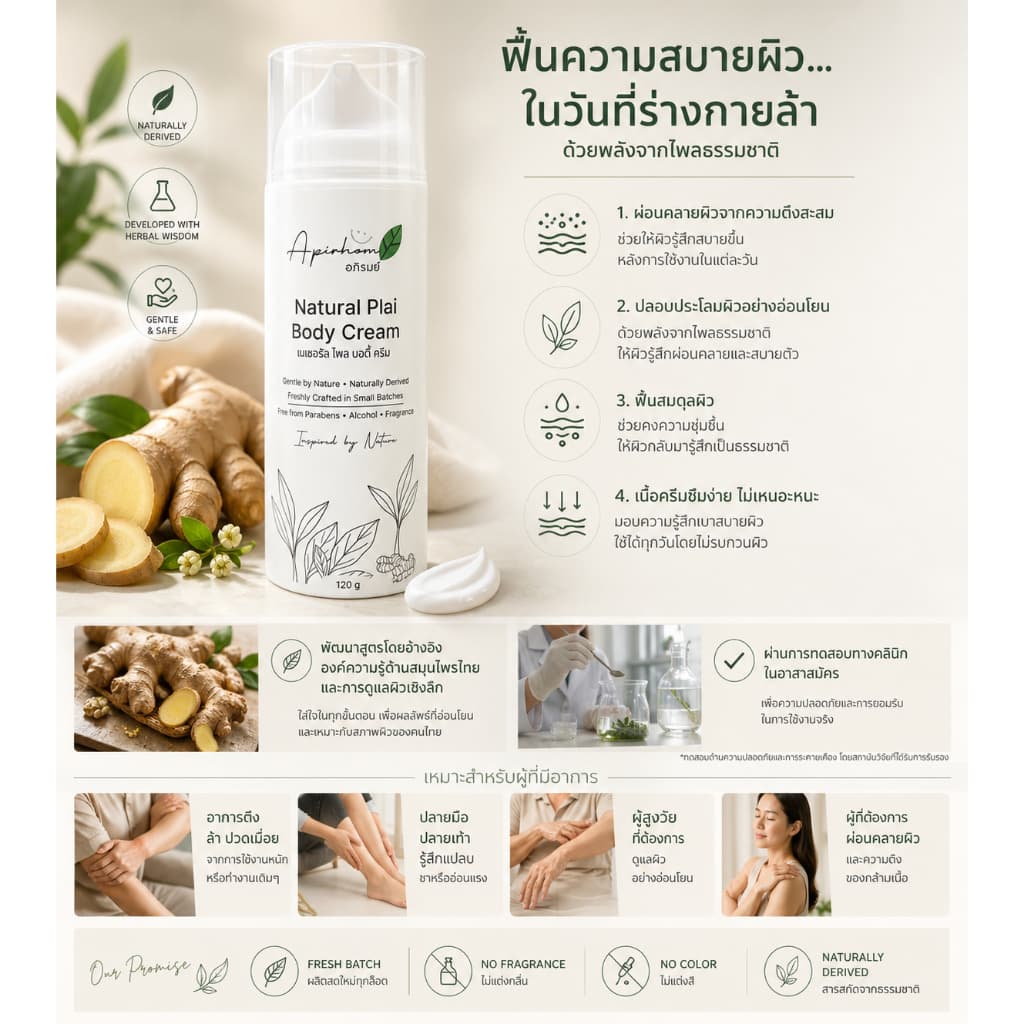 Apirhom Natural Plai Body Cream 50g. อภิรมย์ เนเชอรัล ไพล บอดี้ ครีม ครีมนวดผิวกาย ครีมนวดผิว ครีมนวด ผ่อนคลาย สบาย รูปที่ 6