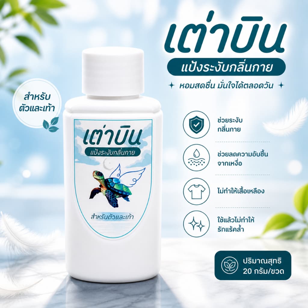 แป้งเต่าบิน Sport | เท้า+รักแร้ไม่เหม็น ลดกลิ่นอับ ลดแบคทีเรีย เย็นสดชื่น มั่นใจทุกกิจกรรม 20 กรัม รูปที่ 6