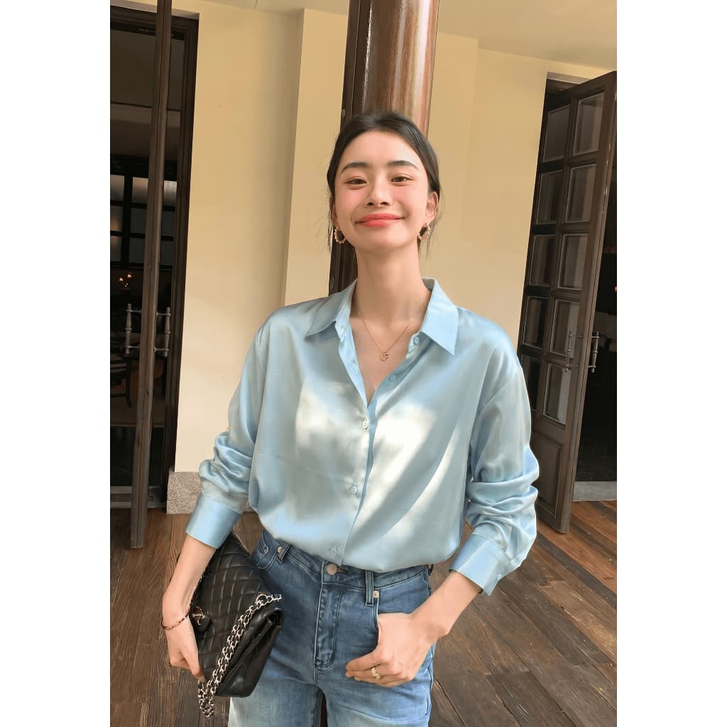 SuperCandyเสื้อเชิ้ตผ้าซาตินสไตล์ฝรั่งเศส ผู้หญิง แขนยาว7ส่วน ดีไซน์เก๋ไม่เหมือนใคร ใส่ช่วงฤดูร้อนสวยมาก รูปที่ 6