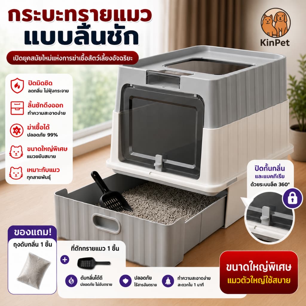 กระบะทรายแมวมีลิ้นชัก มีฝาปิด กันกลิ่น สีพาสเทล พร้อมที่ตักทราย แถมฟรีถุงดับกลิ่น ทำความสะอาดง่าย พื้นที่กว้าง จุดได้เยอ รูปที่ 2