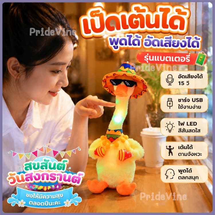 เป็ดพูดได้ ตุ๊กตาเป็ดน้อยน่ารัก พูดตามได้ มีเสียงเพลง100+ เป็ดฮาวาย The New Duck พูดตาม อัดเสียงได้ มีเพลง รูปที่ 1