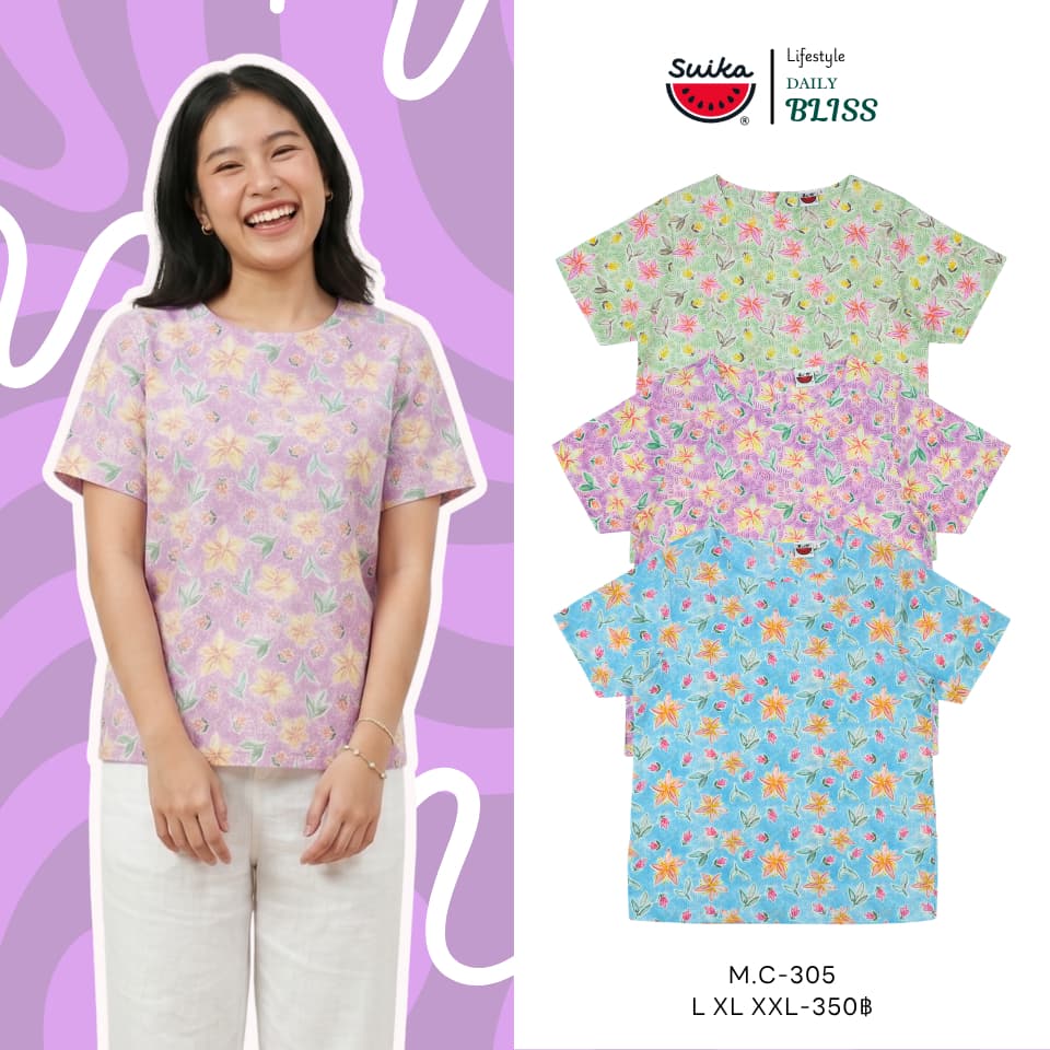 เสื้อแตงโม - เสื้อผ้าป่านมัสลิน คอปาดกระดุมหลัง 3 เม็ด แขนสั้น ลายดอกไม้ รูปที่ 1