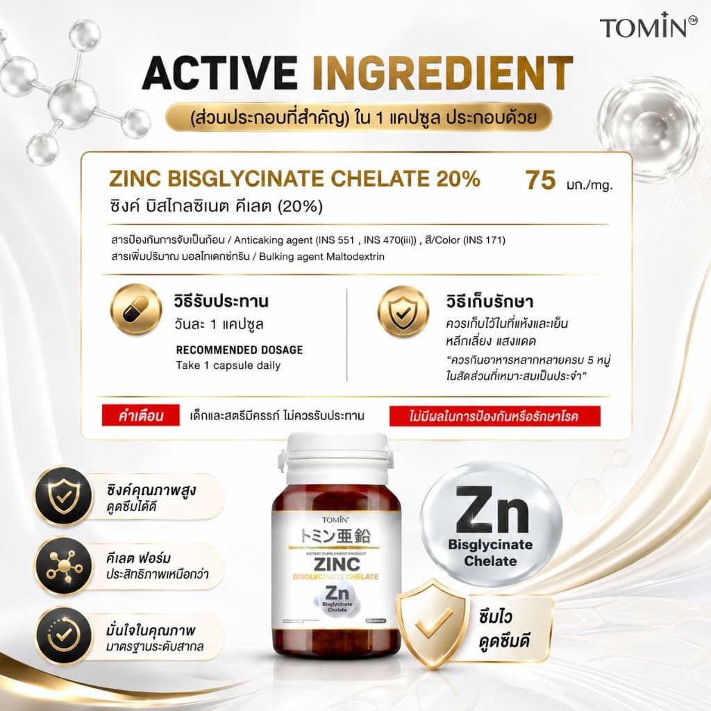 Tomin™ Zinc Bisglycinate Chelate ซิงค์ บิสไกลซิเนต 15 mg ลดสิว ผิว ผม เล็บ เสริมภูมิ รูปที่ 8