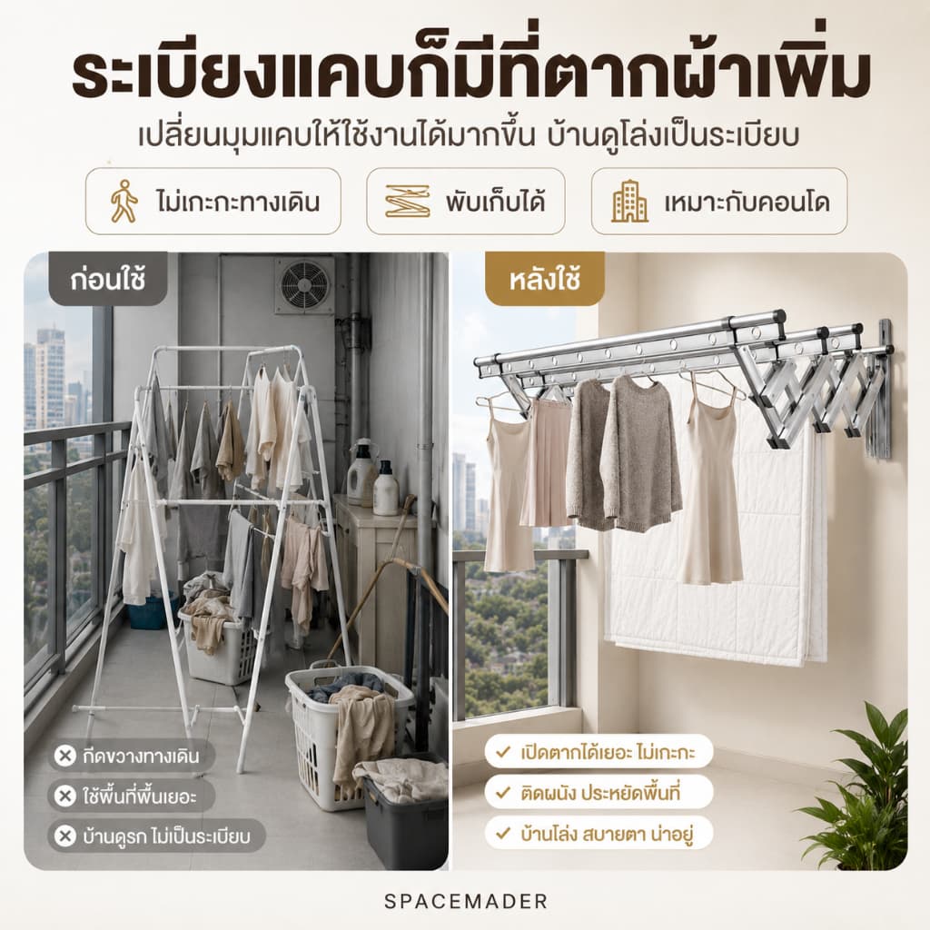 SPACEMADER ราวตากผ้าอลูมิเนียมอัลลอยด์ แบบพับเก็บได้ ราวตากผ้าติดผนัง ใช้ในบ้าน ระเบียง กลางแจ้ง รูปที่ 3