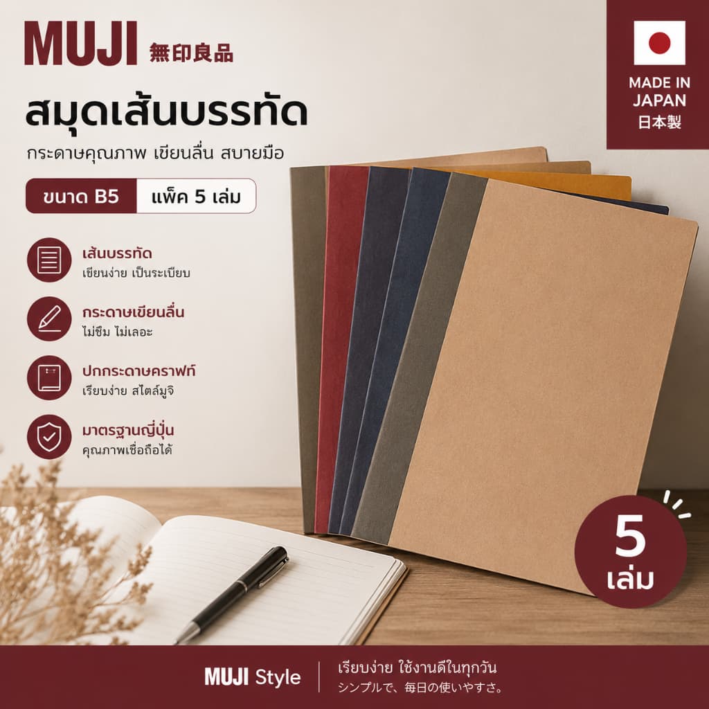MUJI สมุดเส้นบรรทัด ขนาด B5 สมุดมูจิ สมุดแบบเส้นบรรทัด แพ็ค 5 เล่ม กระดาษเขียนลื่น มาตรฐานญี่ปุ่น รูปที่ 3