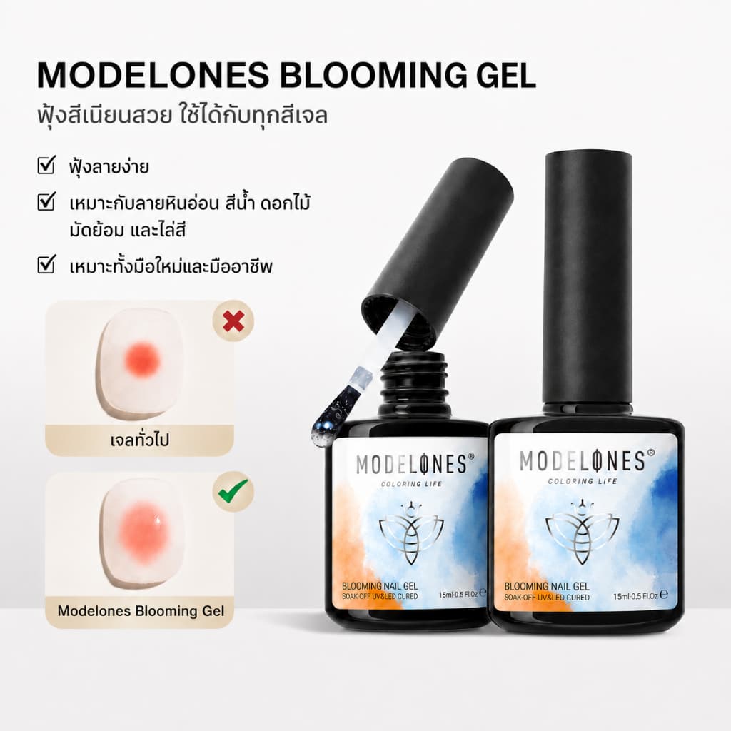 Modelones เจลฟุ้งสีใส Blooming Gel 15ml ทำลายหินอ่อน สีเจลกระจาย UV/LED DIY เบลนสีง่าย ไพรเมอร์ รูปที่ 7