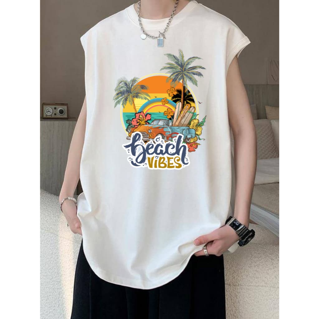 เสื้อยืดแขนกุด ลายชายหาด ใส่ได้ทั้งชายหญิง OP-1178 รูปที่ 1