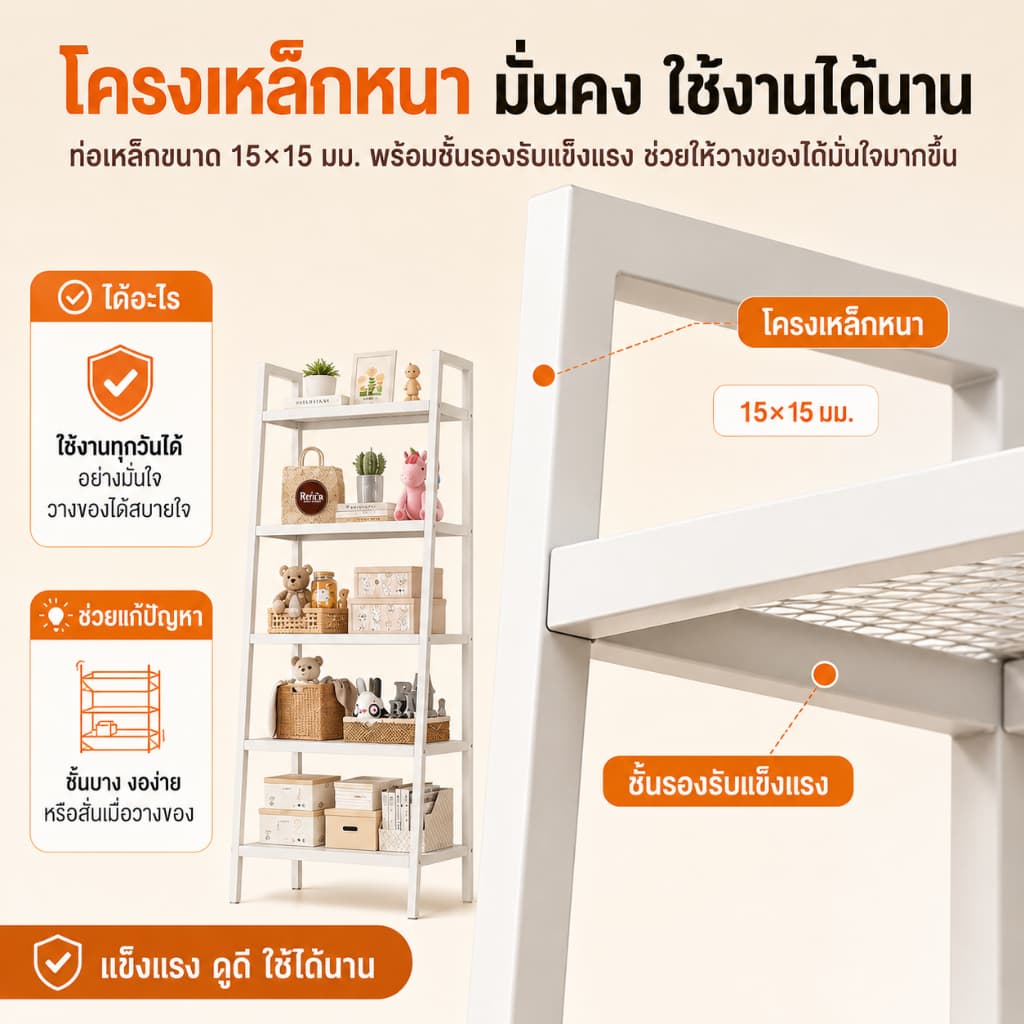 BMZAR ชั้นวางของ 150cm 3/4/5 ชั้น ชั้นอเนกประสงค์น ทรงสี่เหลี่ยมคางหมูรับน้ำหนักได้ 150kg และดำ รูปที่ 4