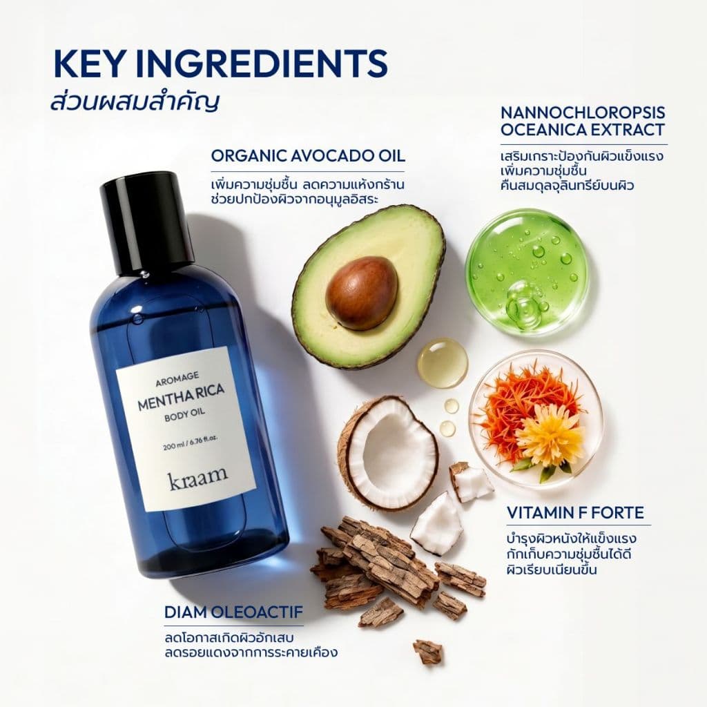 Kraam Aromage Mentha Rica Body Oil 200 ml อโรเมจ เมนธาริก้า บอดี้ ออยล์ กลิ่นเมนธาริก้า ผิวชุ่มชื้น + ลดเลือนริ้วรอย รูปที่ 5