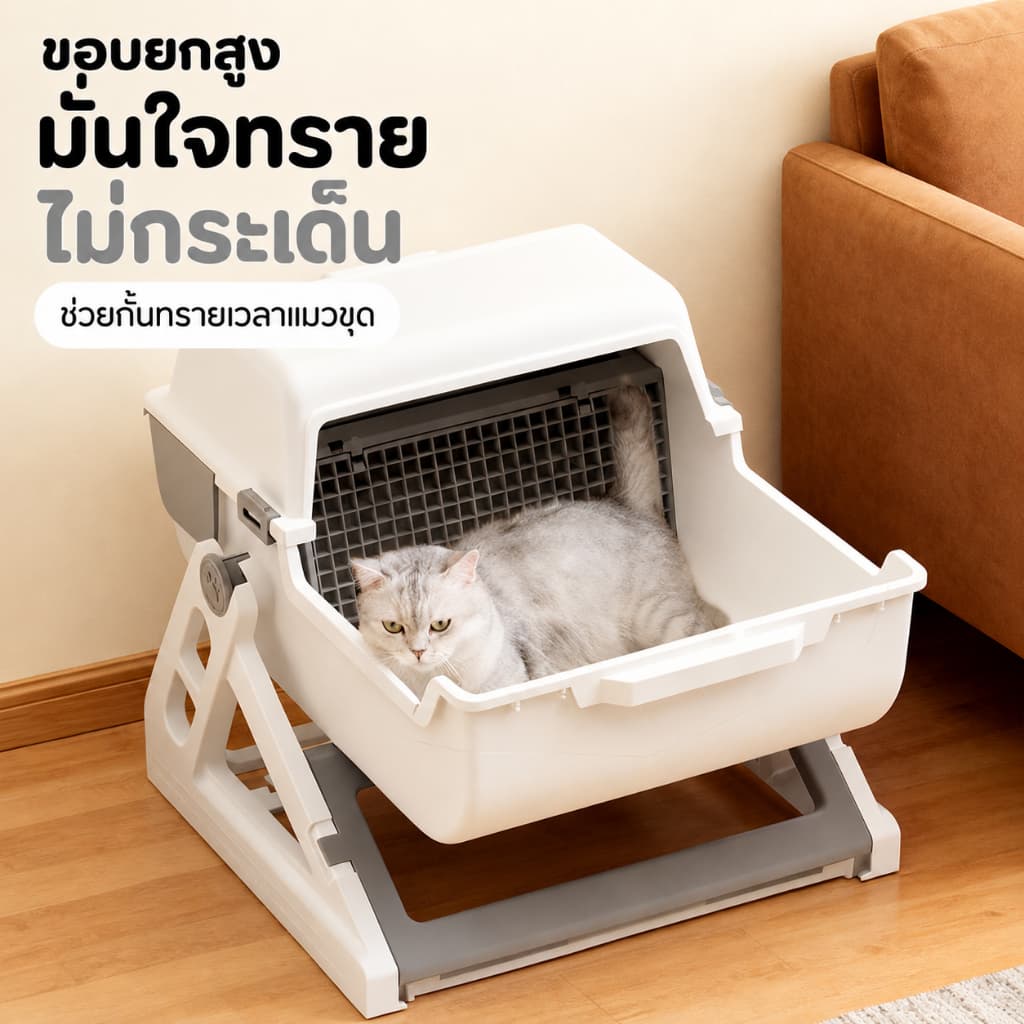 กระบะทรายแมวกึ่งอัตโนมัติ ขนาดใหญ่ ไม่ต้องตัก ยก-พลิก-วาง เก็บอึง่าย กันทรายกระเด็น ลดกลิ่น รองรับ 7kg รูปที่ 3
