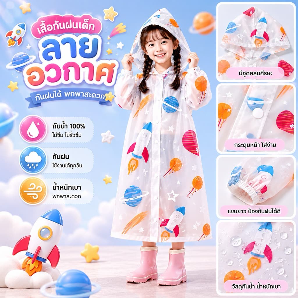 เสื้อกันฝนเด็ก PVC ลายน่ารัก กันน้ำ 100% พร้อมฮู้ด แขนยาว พกพาง่าย รูปที่ 1