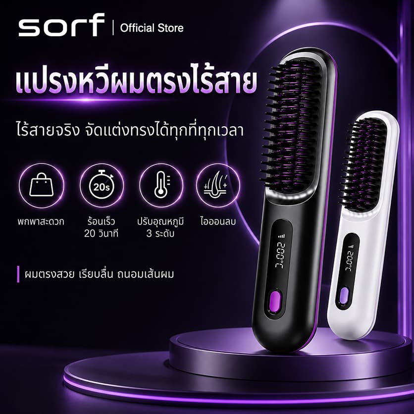 Sorf แปรงหวีผมตรงไร้สาย หวีไฟฟ้าพกพา ร้อนเร็ว 20 วิ ปรับความร้อน 3 ระดับ ไอออนลบ ชาร์จ Type-C สำหรับผมตรง/ม้วนปลาย รูปที่ 1