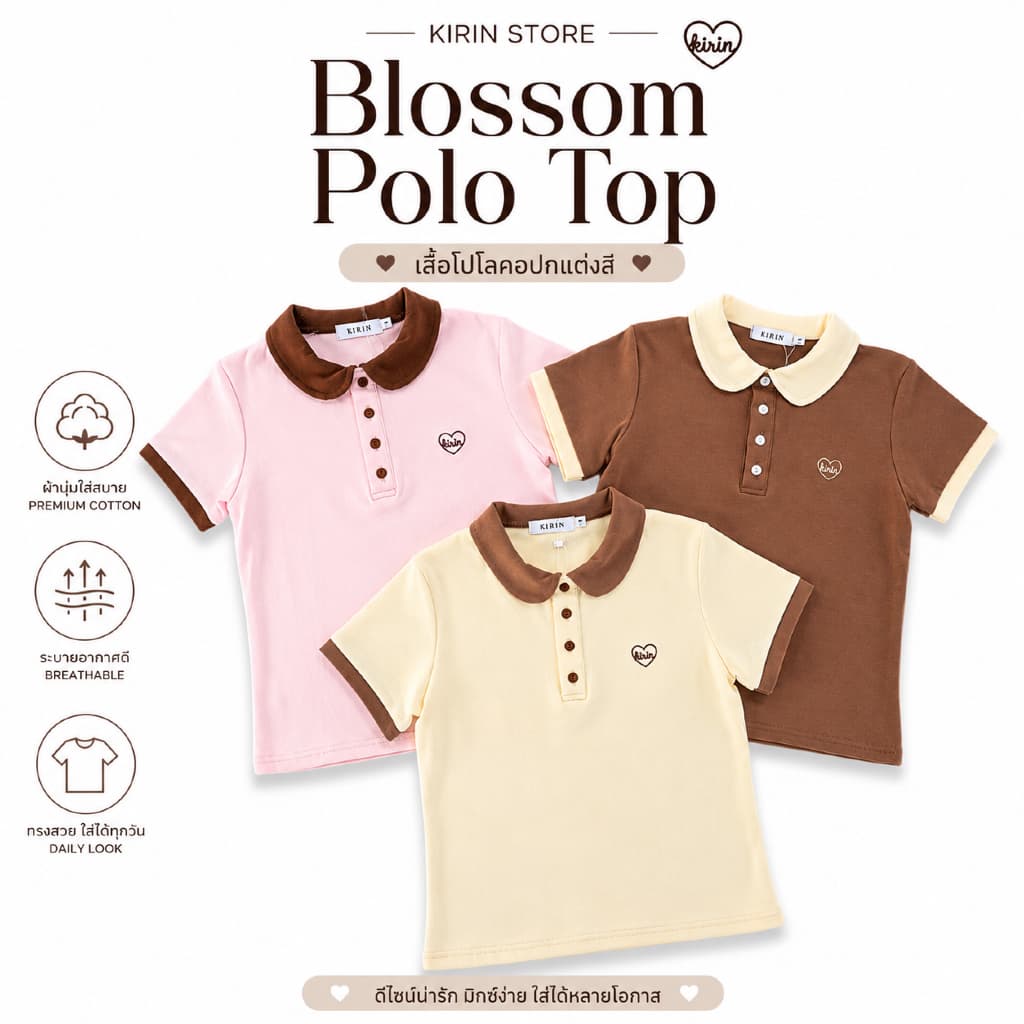 Blossom Polo Top เสื้อโปโลทูโทน คอบัว แขนสั้น ปักหัวใจ ผ้าคอตตอนยูนิ รูปที่ 3