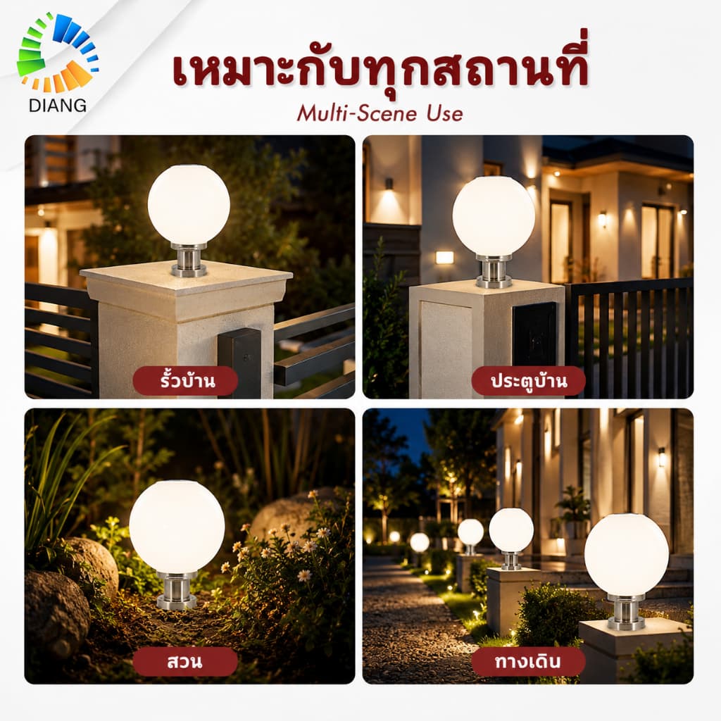 DIANG ซื้อ 1 แถม 1 โคมไฟหัวเสา โคมหัวเสาโซล่าเซลล์ ไฟสวนหลอด โซล่าเซลล์ โคมไฟทรงกลม กันน้ำ 4สี การควบคุมแสงอัจฉริยะ รูปที่ 9