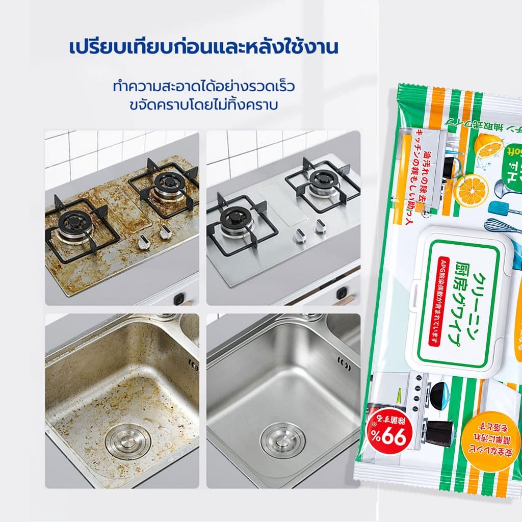 ทิชชู่เปียกทำความสะอาดครัว ห่อใหญ่มาก กลิ่นเลมอน ขจัดคราบในครัว 1ห่อ 80 แผ่นใหญ่ D98 รูปที่ 3