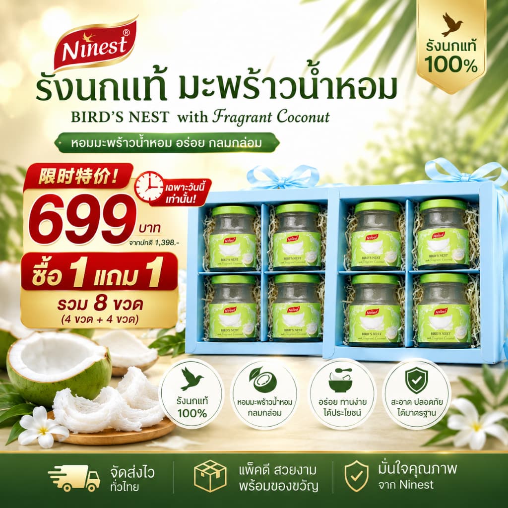Ninest แบรนด์ รังนกมะพร้าวหอม รังนกแท้4% สูตร มะพร้าวน้ำหอม 75 มล./ ขวด เครื่องดื่มรังนกแท้สำเร็จรูป รูปที่ 1