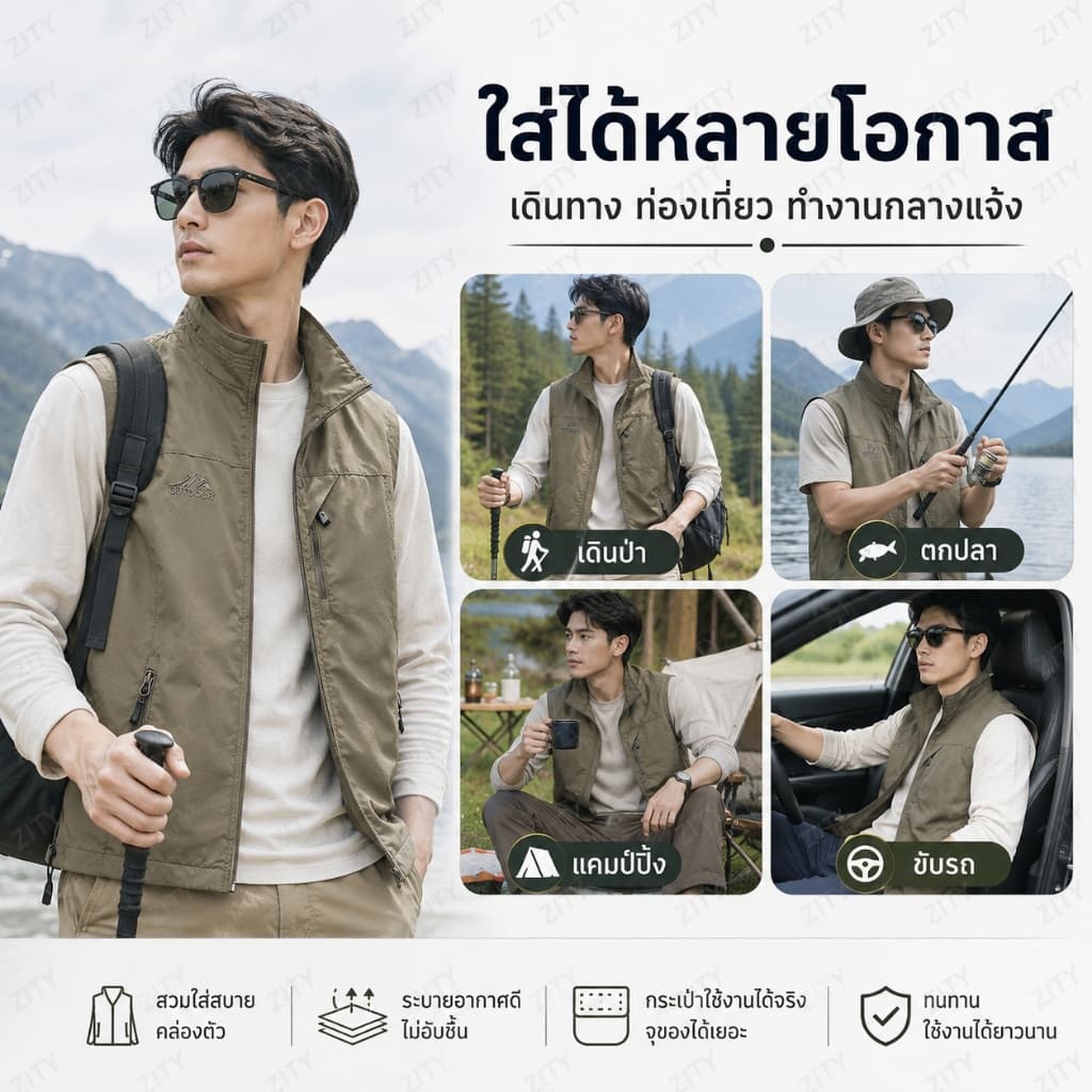 จัดส่งทันทีเสื้อกั๊กแขนกุดสำหรับผู้ชาย กันน้ำใส่สบาย ระบายอากาศ มีกระเป๋า M-5XL รูปที่ 3