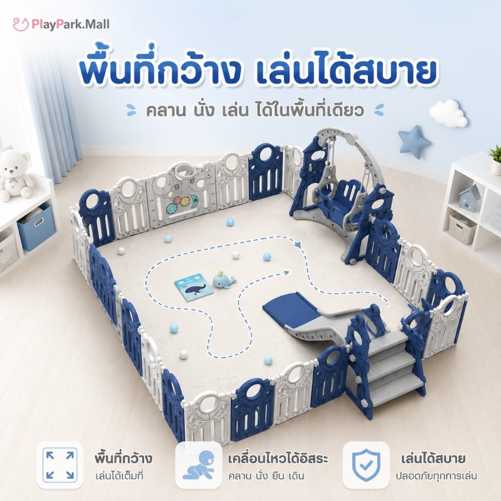 คอกกั้นเด็ก คอกกั้น มีแป้นบาส พับเก็บได้ปรับได้ สไลเดอร์เด็ก+สไลด์สวิง+เสื่อคลาน+30ball รูปที่ 3