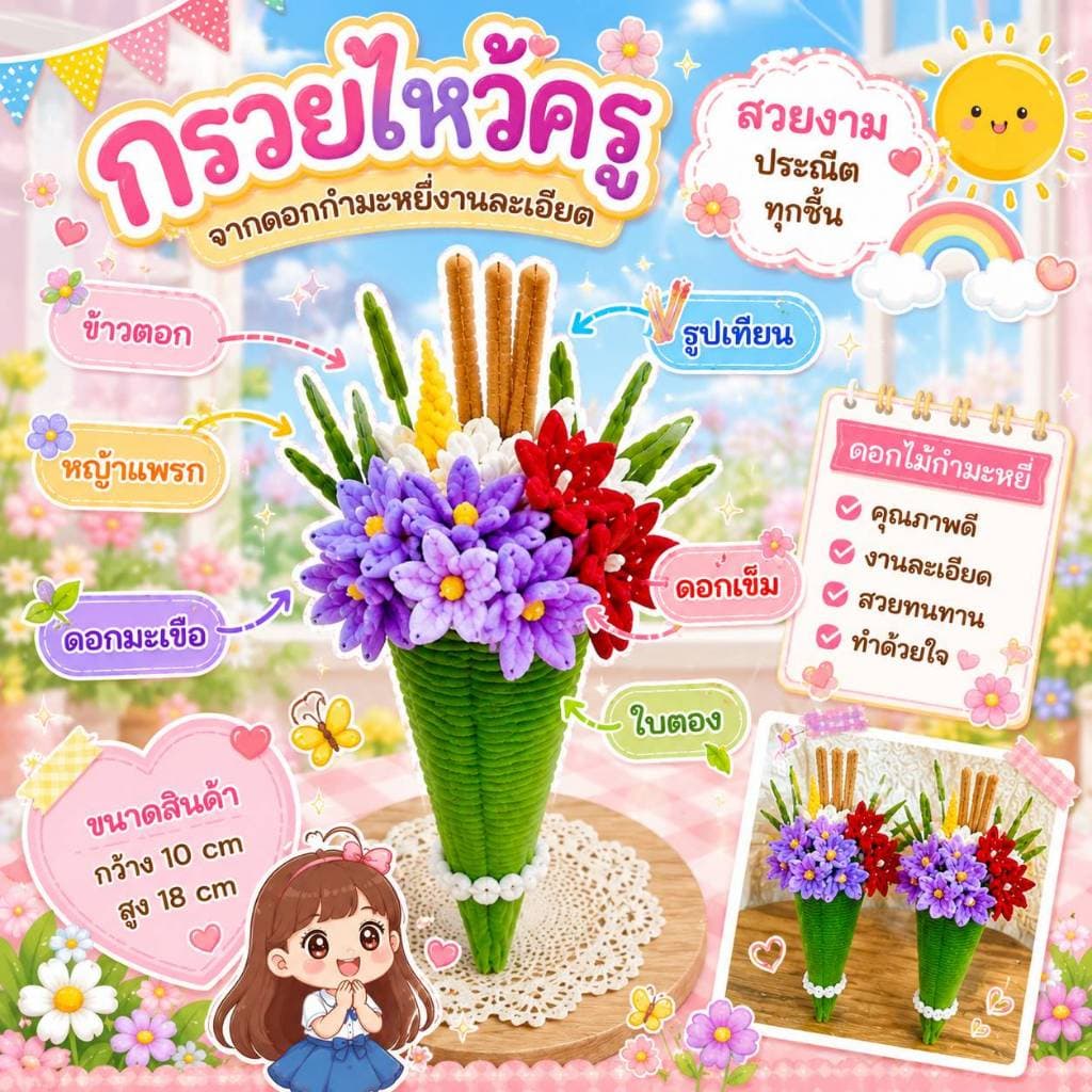 กรวยดอกไม้ พานไหว้ครู ช่อดอกไม้ ลวดกำมะหยี่ ดอกไม้ไหว้ครู มีหลายขนาด รูปที่ 3
