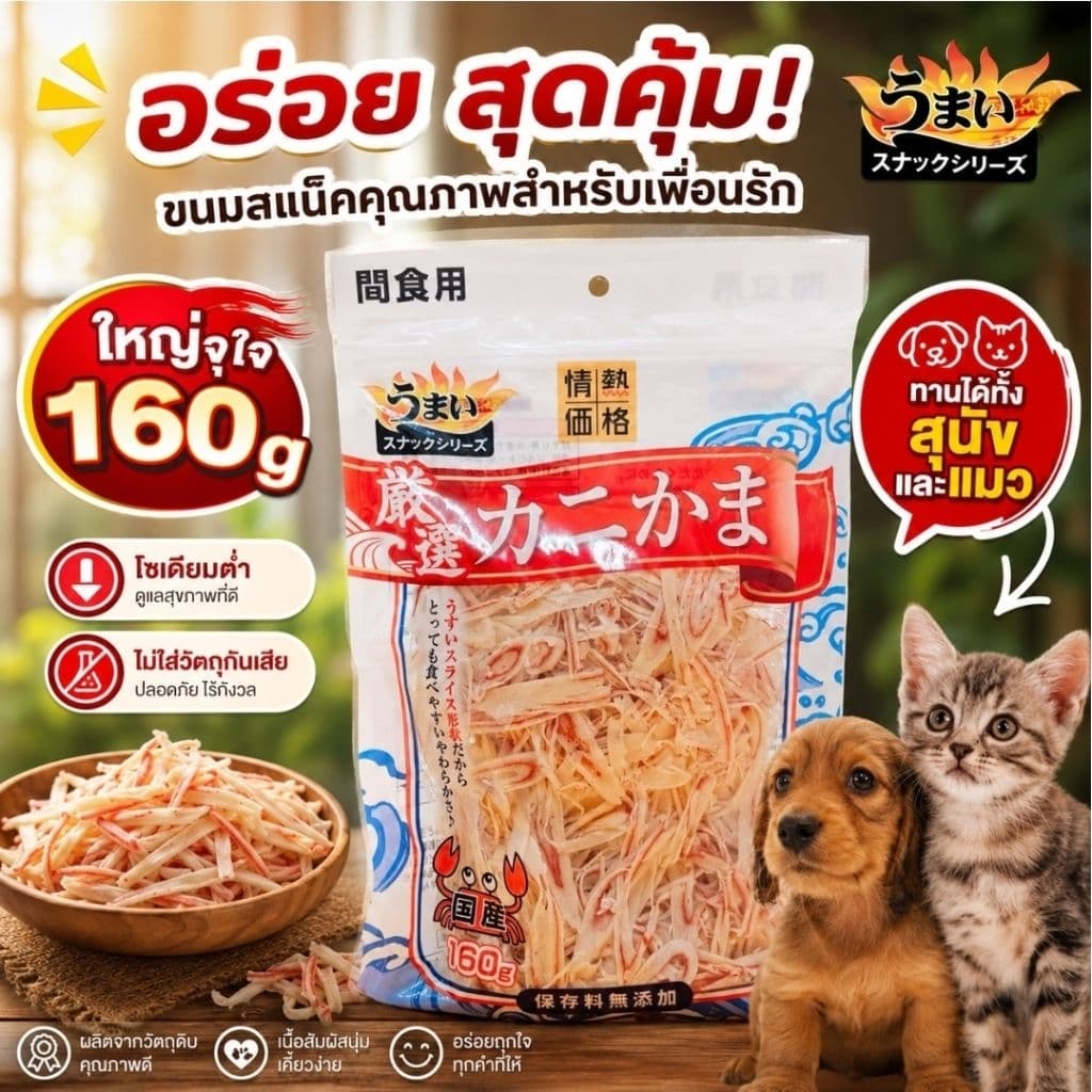 ขนมแมวญี่ปุ่น/ขนมสุนัขญี่ปุ่น ขนมปูอัด ปูอัดแมว ห่อใหญ่จุใจ 160g ปูอัดญี่ปุ่น ไม่ใส่วัตถุกันเสีย โซเดียมต่ำ รูปที่ 1