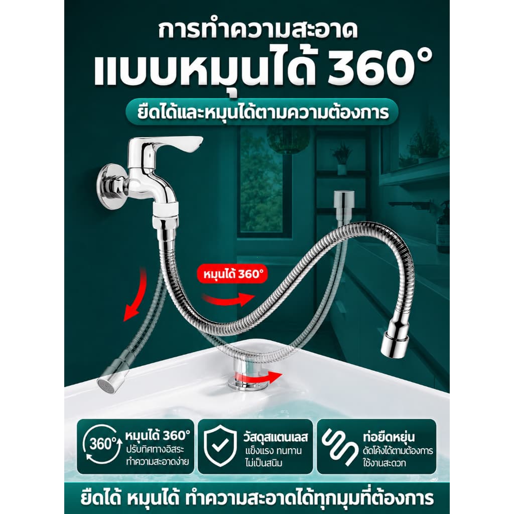 ส่งตรงจากกรุงเทพฯ Hardware Tools MALL ท่อต่อก๊อกน้ำยืดหยุ่น 30-50ซม. หมุนได้ 360° สแตนเลส304 ก๊อกครัว ห้องน้ำ กันกระเซ็น รูปที่ 6