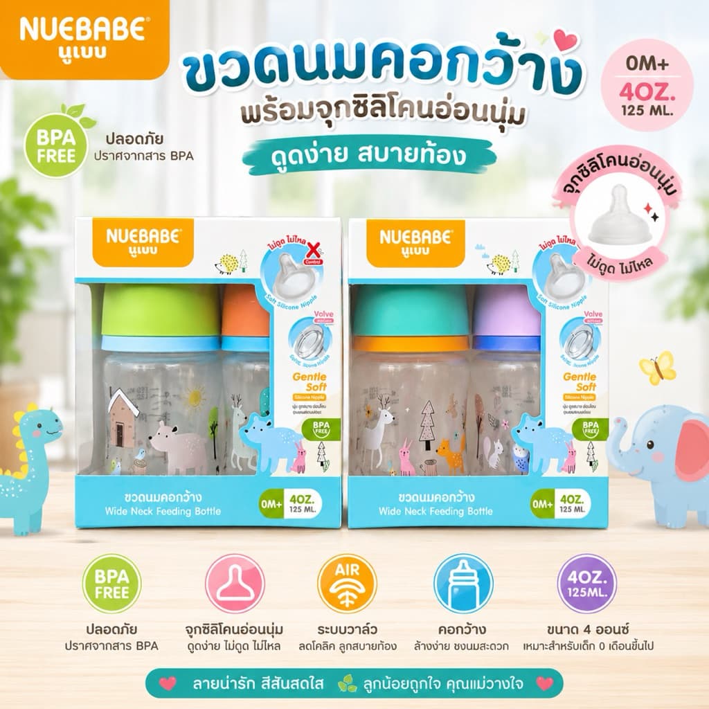 NUEBABE ขวดนมคอกว้าง ขนาด 4/8 ออนซ์ พร้อม จุกนมมีวาล์ว ลดอาการโคลิค แพ็คคู่ รูปที่ 5