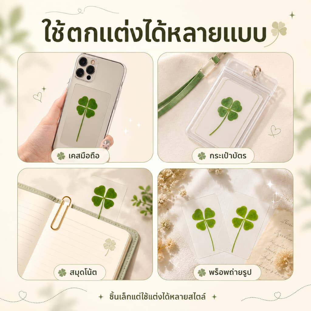 ใบโคลเวอร์ 4 แฉก เครื่องรางนำโชค ใบโคลเวอร์เสริมดวง ความรัก/โชคลาภ ใส่หลังเคสมือ รูปที่ 8