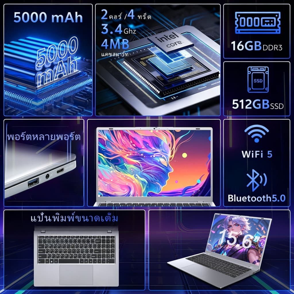 โน้ตบุ๊คยอดนิยม แรม16GB ความจุ1TB SSD intel core i3 15.6'' win11 สำนักงานและความบันเทิง สเปคแรงประหยัด รูปที่ 8