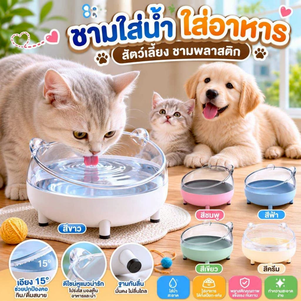 Thai.th ชามหน้าแมว ชามพลาสติก ชามอาหารสัตว์เลี้ยง เอียง 15 องศา Hjtcat รูปที่ 4
