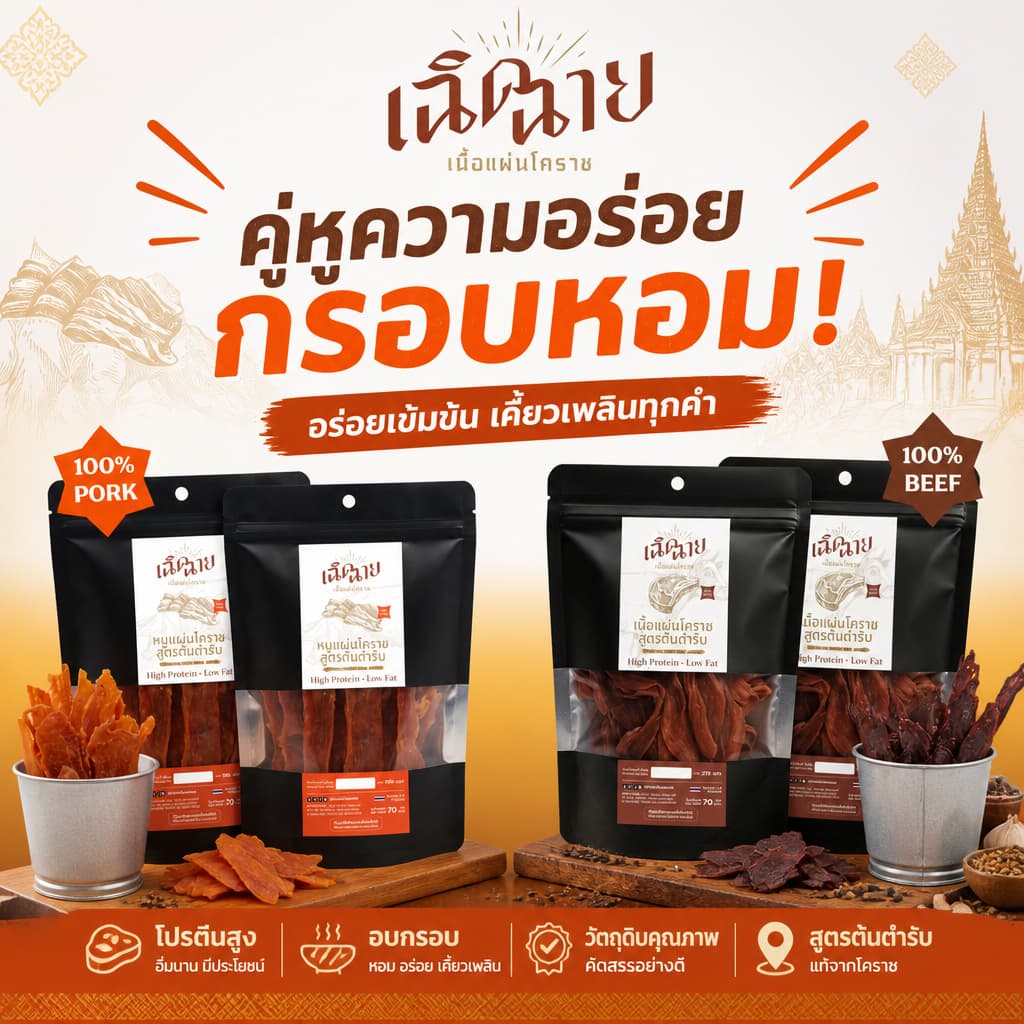 Combo set หมูและเนื้อแผ่นโคราช อบพร้อมทาน ของกินเล่น โปรตีนสูง ของฝาก รูปที่ 4