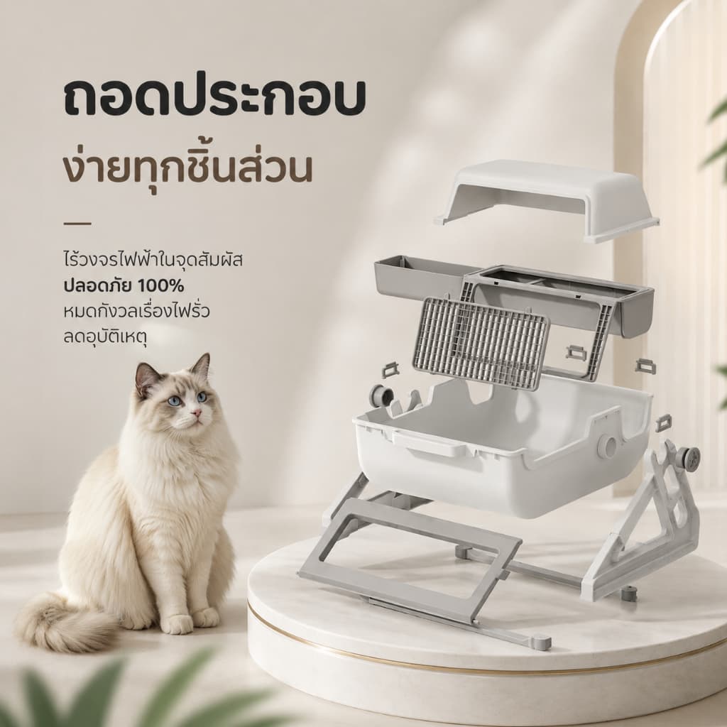 กระบะทรายแมวกึ่งอัตโนมัติ ขนาดใหญ่ ไม่ต้องตัก ยก-พลิก-วาง เก็บอึง่าย กันทรายกระเด็น ลดกลิ่น รองรับ 7kg รูปที่ 6