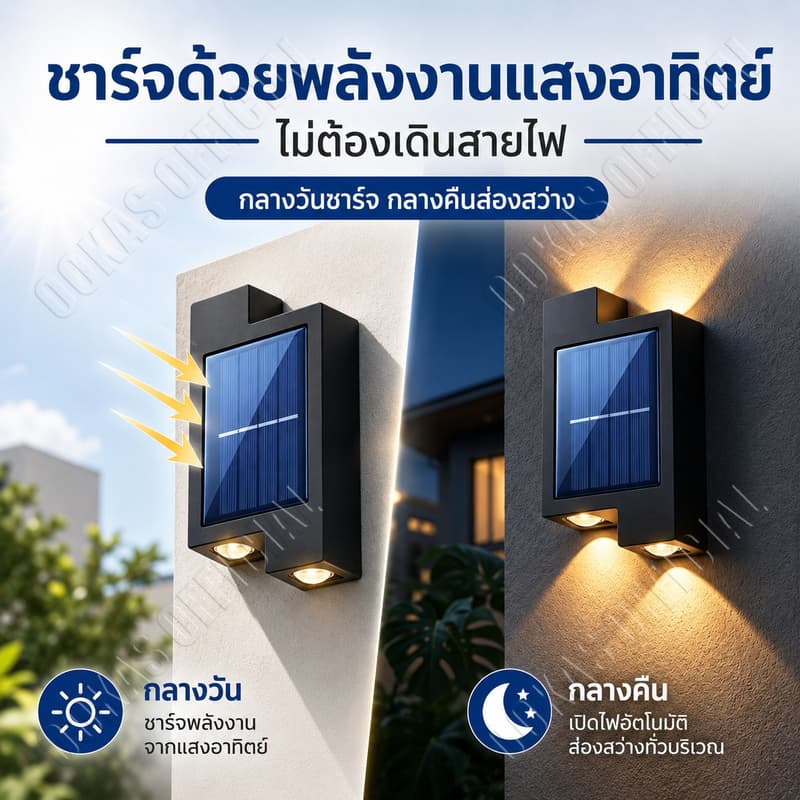 OOKAS ไฟโซล่าเซลล์ LED ไฟติดผนัง กันน้ำ IP67 เปิดเองเมื่อมืด ติดตั้งง่าย ไม่มีค่าไฟ แสงเหลืองอบอุ่น รูปที่ 2