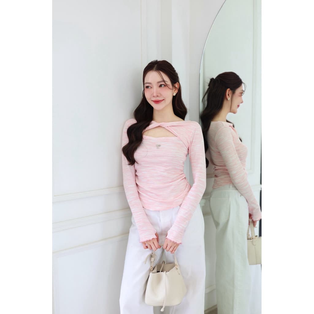NO.635 Mimi Top เสื้อยืดแขนยาวผ้าลายดีไซน์คอทวิส รูปที่ 3