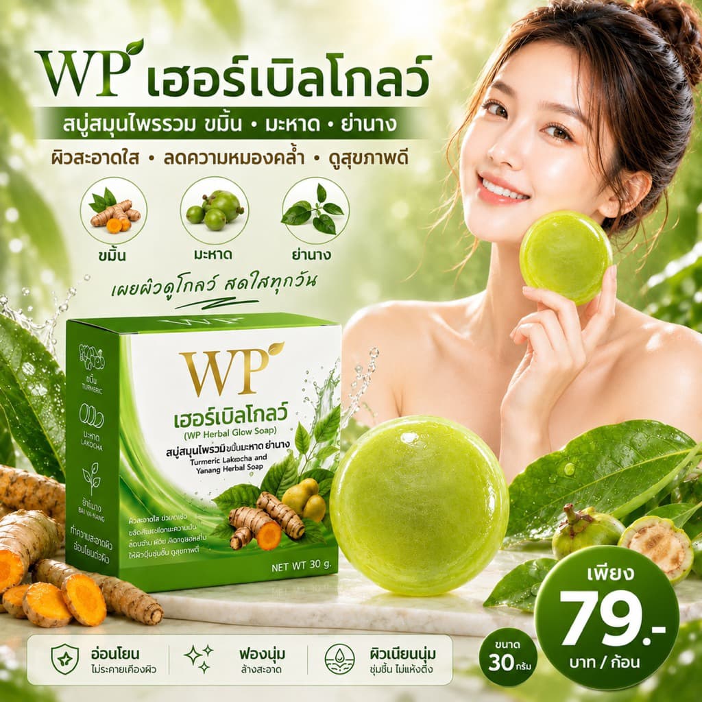 สบู่WPเฮอร์เบิลโกลว์ ใช้ได้ทั้งผิวหน้าและผิวกาย สมุนไพรออแกนิก 100% หยุดคัน หยุดเกา รูปที่ 1