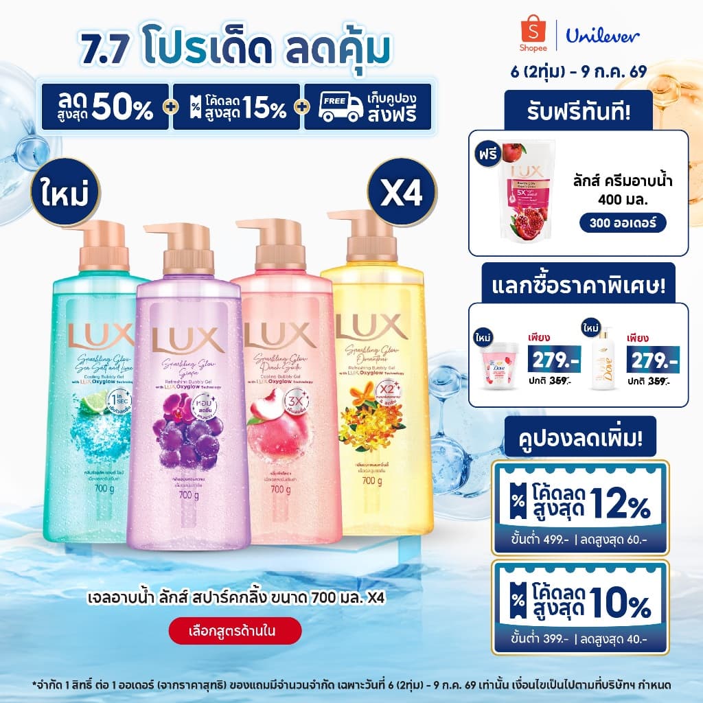 ใหม่! เจลอาบน้ำ ลักส์ สปาร์คกลิ้ง ขนาด 700มลx1-x2 Lux Sparkling 700MLx1-x2 (เลือกสูตรด้านใน)