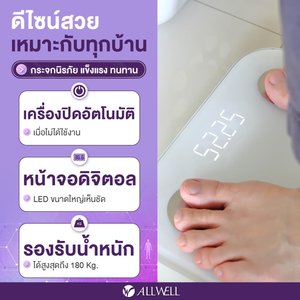 ALLWELL เครื่องชั่งน้ำหนัก วัดไขมันและดัชนีมวลกาย เชื่อมแอพได้ วัดค่าสุขภาพ 20 ค่า รุ่น BodyA-Lite รูปที่ 7