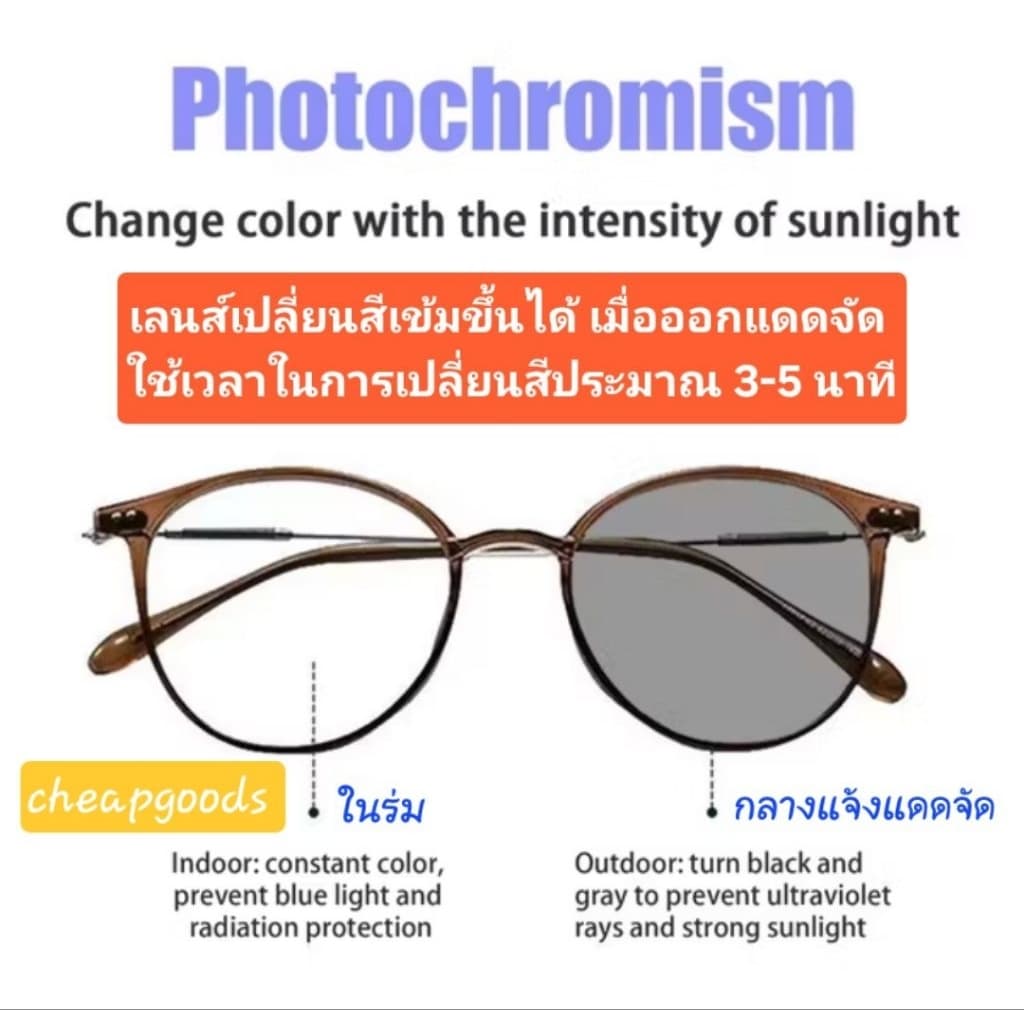 แว่นสายตายาวเลนส์โปรเกรสซีฟ เปลี่ยนสีได้เมื่อออกแดด แว่นอ่านหนังสือ มองใกล้มองไกล progressiveไร้รอยต่อ สายตายาวตามอายุ รูปที่ 7