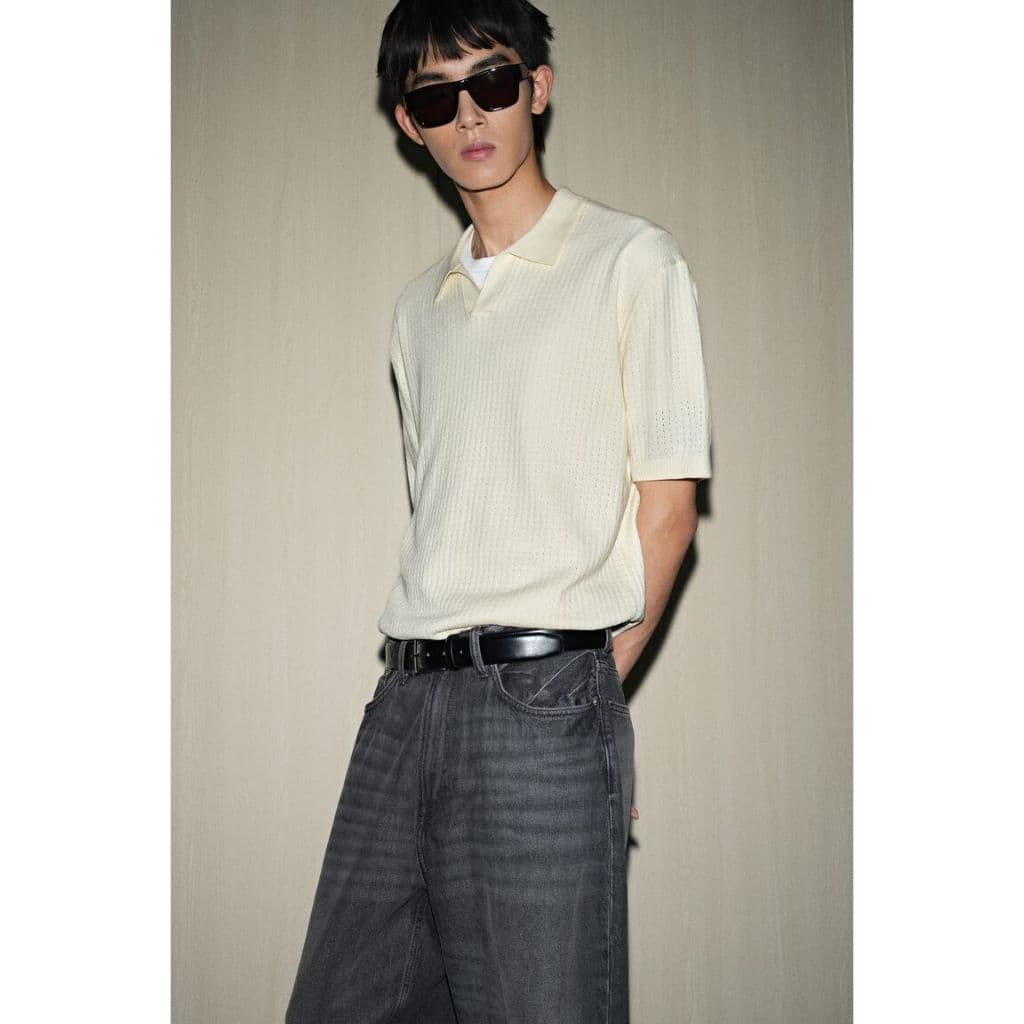 H&M เสื้อโปโลถักผ้าพื้นผิวทรงหลวม ผู้ชาย 1303731_1 รูปที่ 1