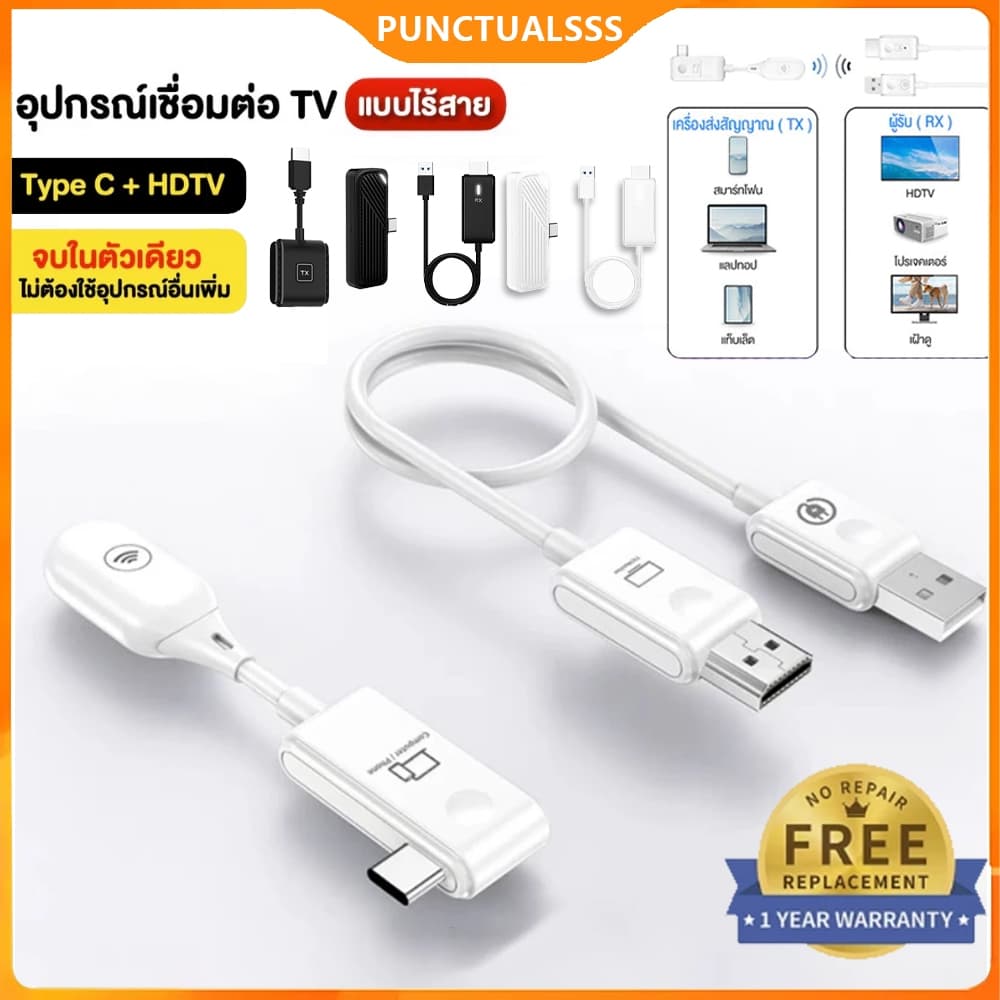 ของแท้ มีประกัน อุปกรณ์แชร์หน้าจอไร้สาย 1080P HDTV to Type-C HDMI Wireless Transmitter Receiver รับสัญญาณถึง 50 เมตร รูปที่ 1