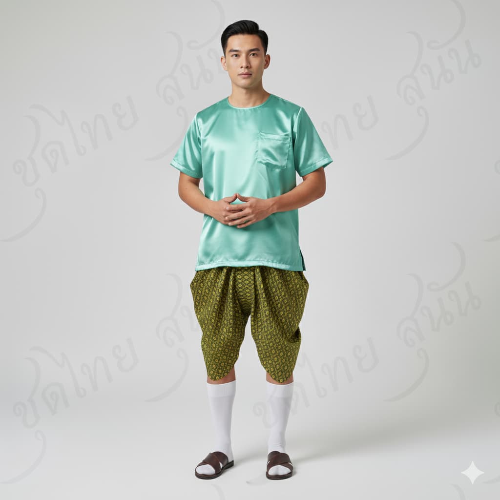 ชุดไทย ชุดไทยลำลอง ชุดพื้นเมืองชาย โจงกระเบนผ้าลายไทย+เสื้อคอกลม รูปที่ 3