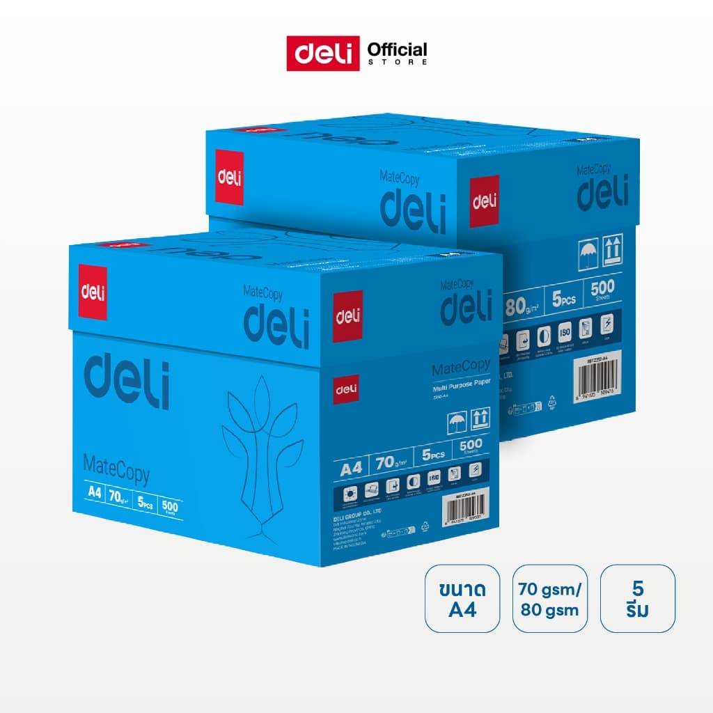 กระดาษ A4 Deli รุ่น EZ250 / EZ252 สำหรับถ่ายเอกสาร ความหนา70/80แกรม (จำหน่าย 5 รีม/1 กล่อง)
