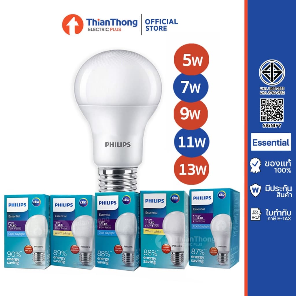 Philips หลอดไฟ ฟิลิปส์ LED Bulb Essential 5W,7W,9W,11W,13W ขั้ว E27 รูปที่ 2