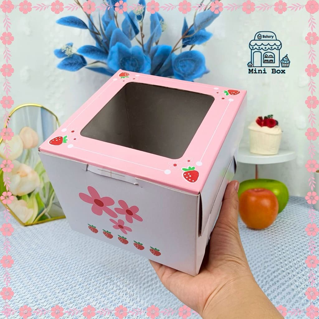 กล่องเค้ก ครึ่งปอนด์ พิมพ์ลายสตอเบอรี่นมชมพู หลังเทา สูง 12.5 cm. รูปที่ 6