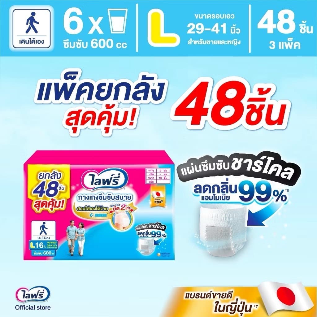 ไลฟ์รี่ ผ้าอ้อมผู้ใหญ่ Lifree กางเกง ยกลัง มีลังเล็ก ซึมซับสบาย และ ซึมซับมาก , แผ่นรอง รูปที่ 3