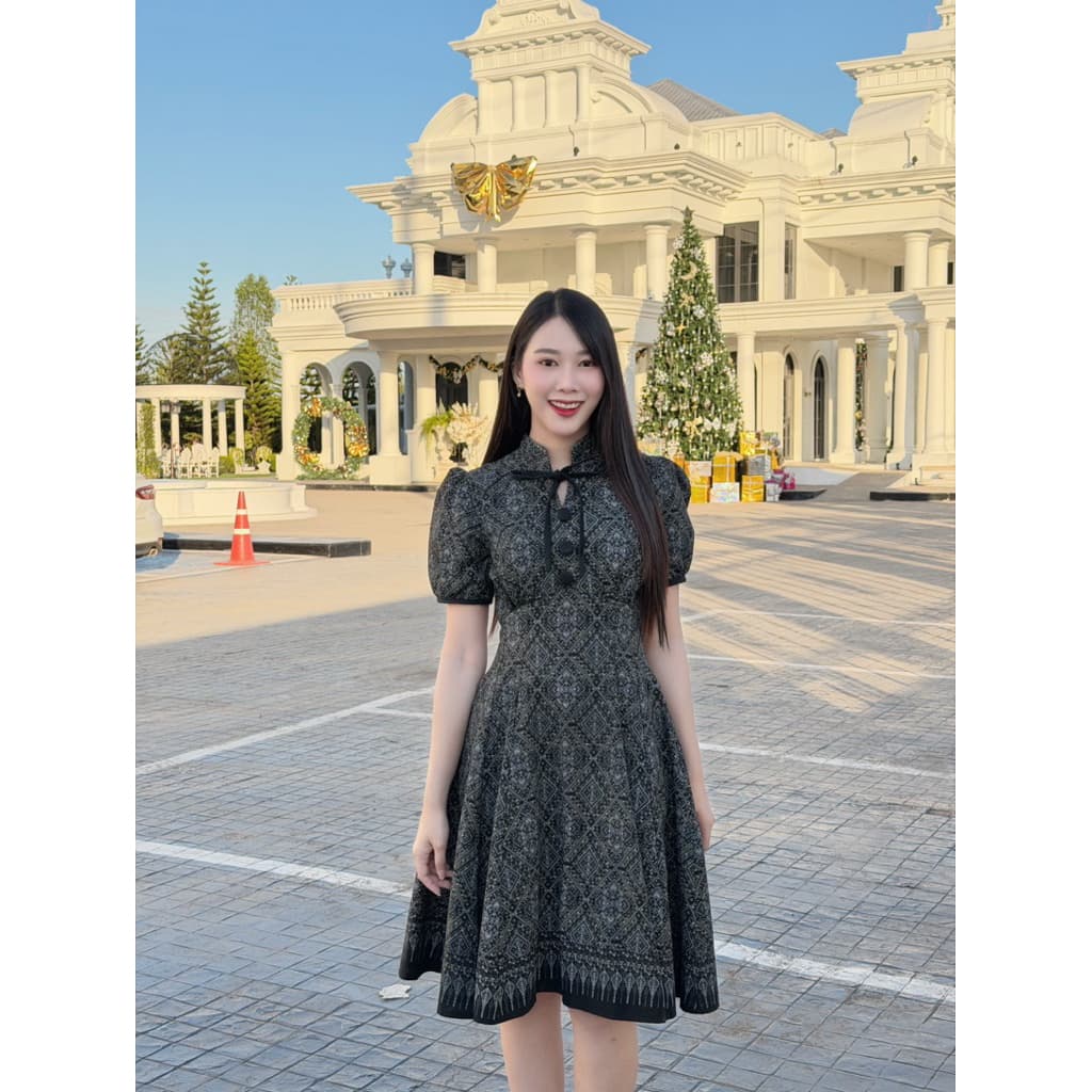 TANTANOD-รหัสTL7 เดรสผูกคอกระโปรงบาน6จีบ แขนตุ๊กตา รูปที่ 9