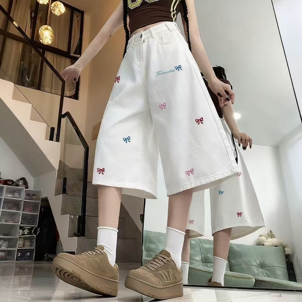 S-10XL กางเกง 7 ส่วน ปักโบว์สุดน่ารัก ผ้านิ่มใส่สบายระบายอากาศได้ดี รูปที่ 4